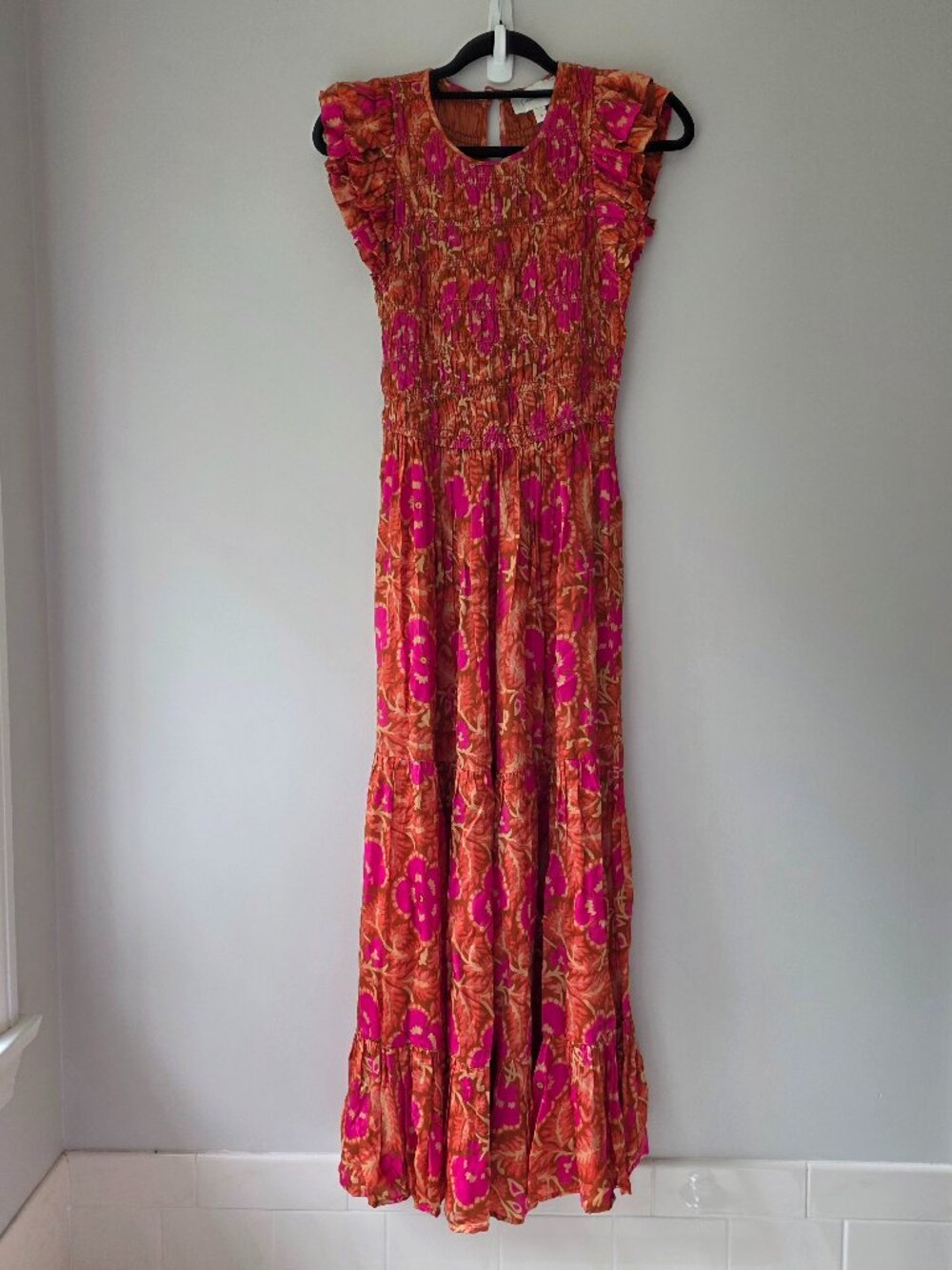 Cleobella Giselle Floral Smocked Maxi Dress | Small | Orange Pink Flutter Sleeve
